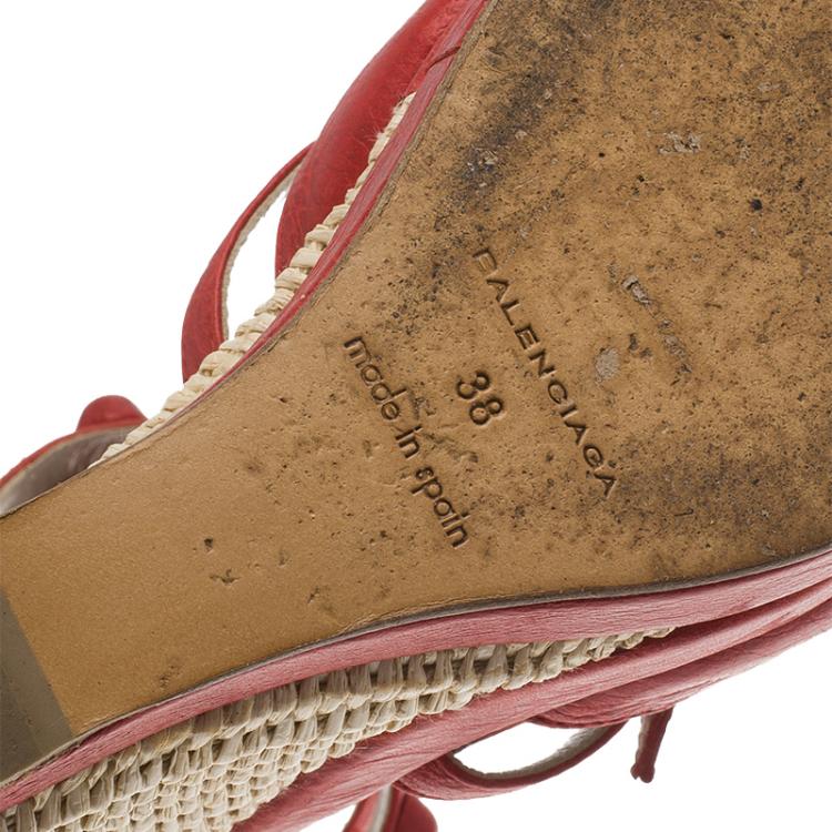 Pre Owned Balenciaga Red Distressed Leather Arena Cross Strap Espadrille Platform Wedges Size 38