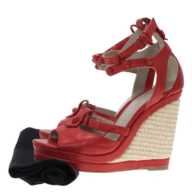 Pre Owned Balenciaga Red Distressed Leather Arena Cross Strap Espadrille Platform Wedges Size 38