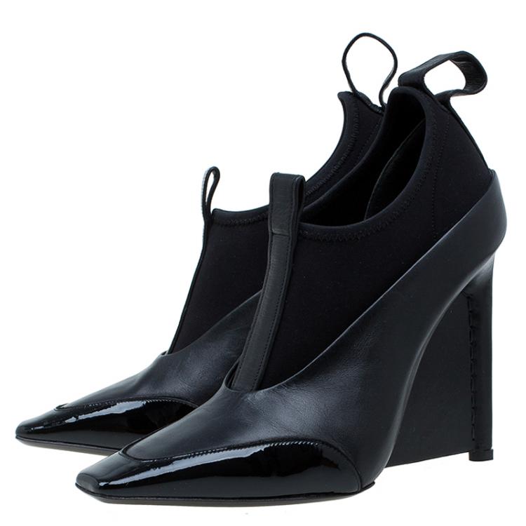 Pre Owned Balenciaga Black Leather and Neoprene Scuba Wedge Ankle Boots Size 38 