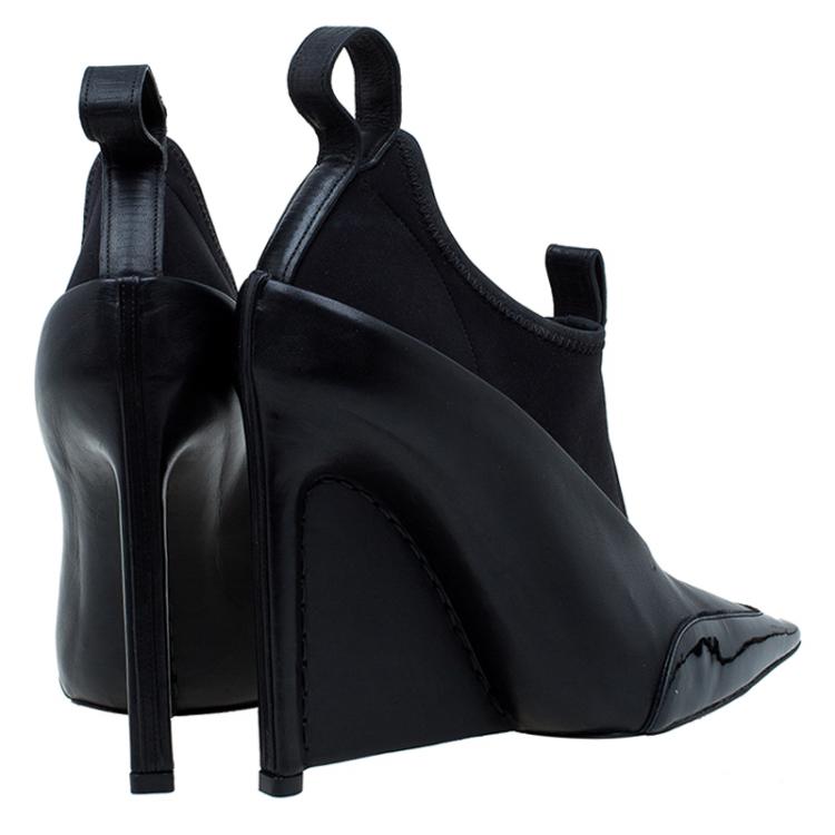 Pre Owned Balenciaga Black Leather and Neoprene Scuba Wedge Ankle Boots Size 38 