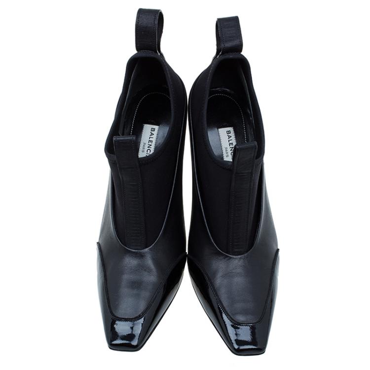 Pre Owned Balenciaga Black Leather and Neoprene Scuba Wedge Ankle Boots Size 38 