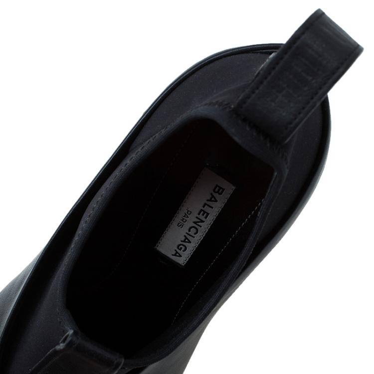Pre Owned Balenciaga Black Leather and Neoprene Scuba Wedge Ankle Boots Size 38 