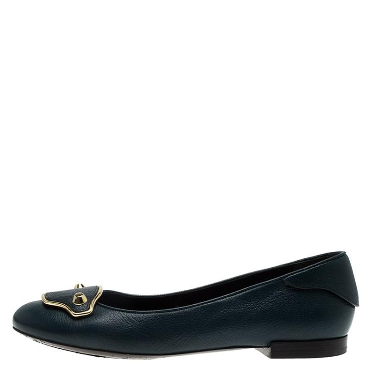 Pre Owned Balenciaga Teal Leather Studded Flats Size 37.5