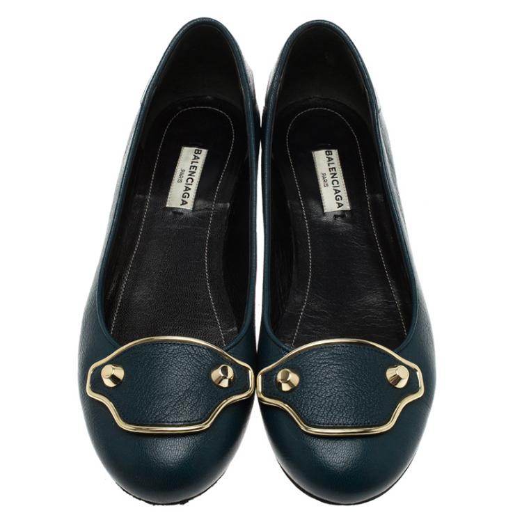 Pre Owned Balenciaga Teal Leather Studded Flats Size 37.5