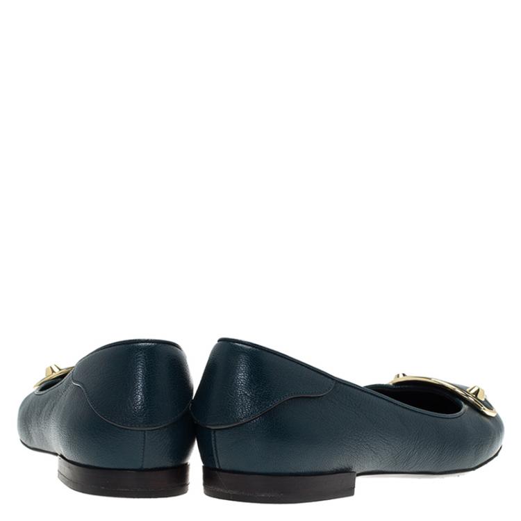 Pre Owned Balenciaga Teal Leather Studded Flats Size 37.5