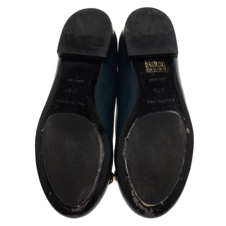 Pre Owned Balenciaga Teal Leather Studded Flats Size 37.5