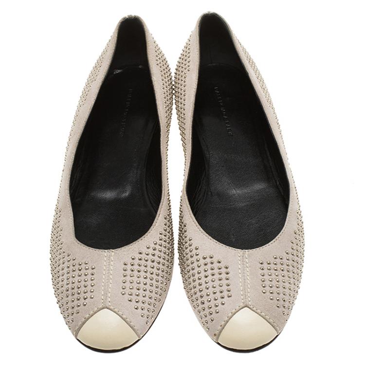 Pre Owned Balenciaga Grey Studded Suede Ballet Flats Size 37