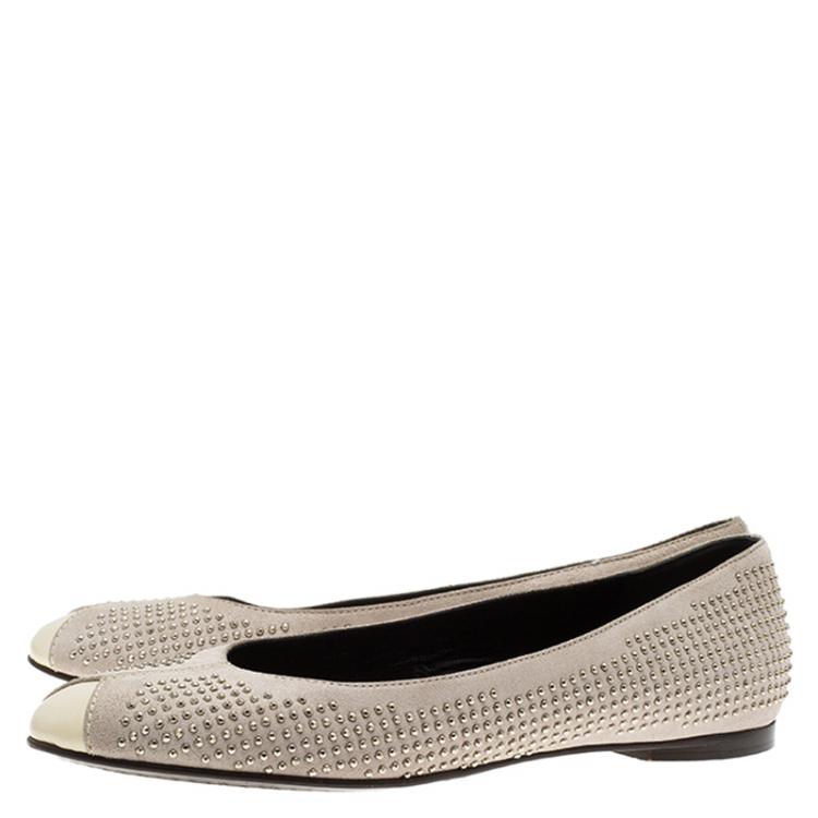Pre Owned Balenciaga Grey Studded Suede Ballet Flats Size 37