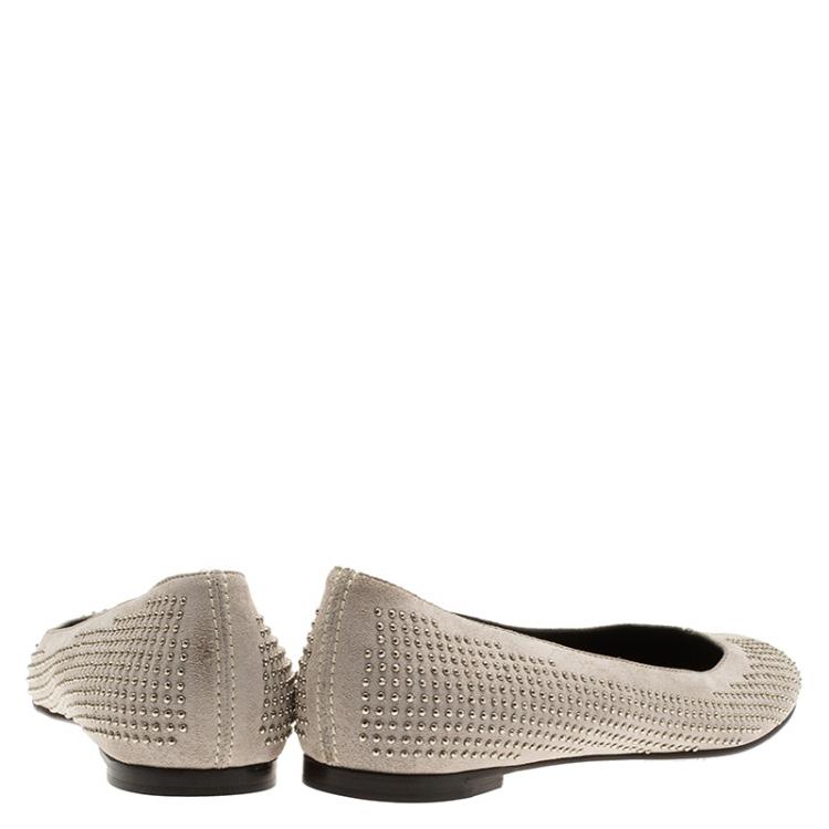 Pre Owned Balenciaga Grey Studded Suede Ballet Flats Size 37