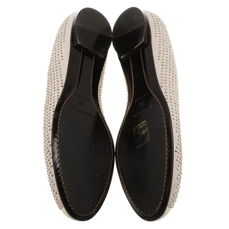 Pre Owned Balenciaga Grey Studded Suede Ballet Flats Size 37