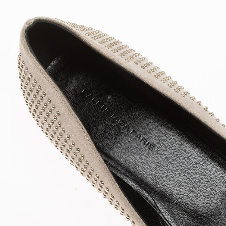 Pre Owned Balenciaga Grey Studded Suede Ballet Flats Size 37