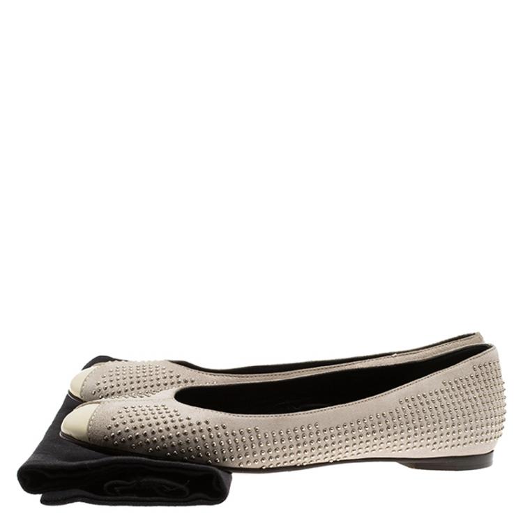 Pre Owned Balenciaga Grey Studded Suede Ballet Flats Size 37