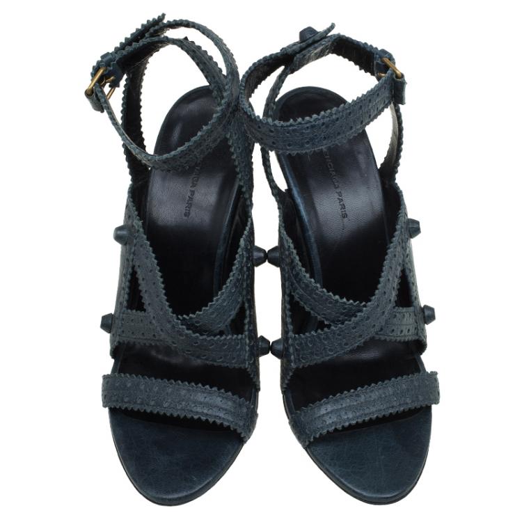 Pre Owned Balenciaga Teal Blue Leather Brogue Arena Ankle Strap Wedge Sandals Size 39