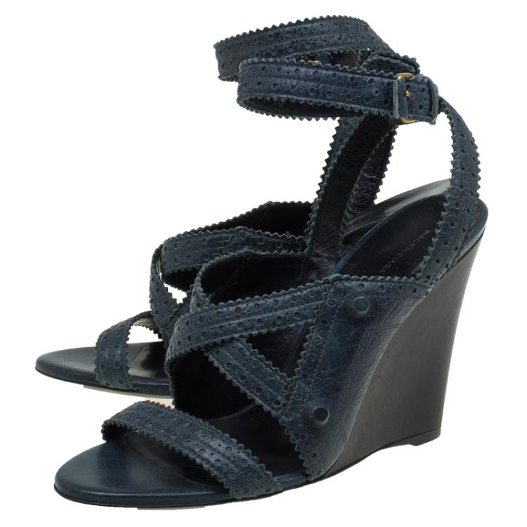 Pre Owned Balenciaga Teal Blue Leather Brogue Arena Ankle Strap Wedge Sandals Size 39