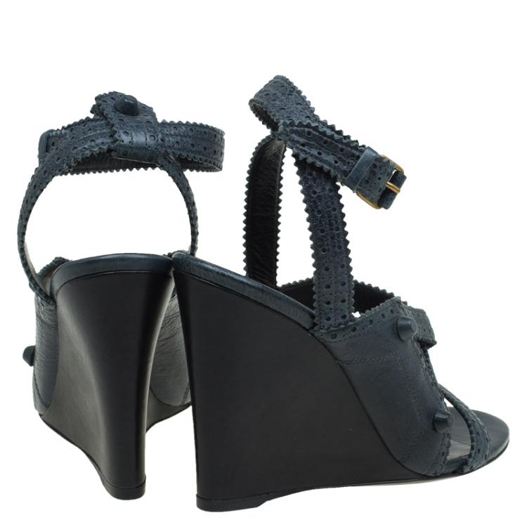 Pre Owned Balenciaga Teal Blue Leather Brogue Arena Ankle Strap Wedge Sandals Size 39