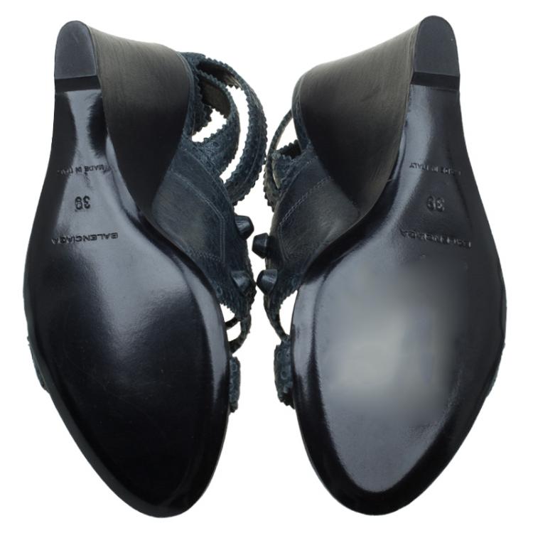 Pre Owned Balenciaga Teal Blue Leather Brogue Arena Ankle Strap Wedge Sandals Size 39