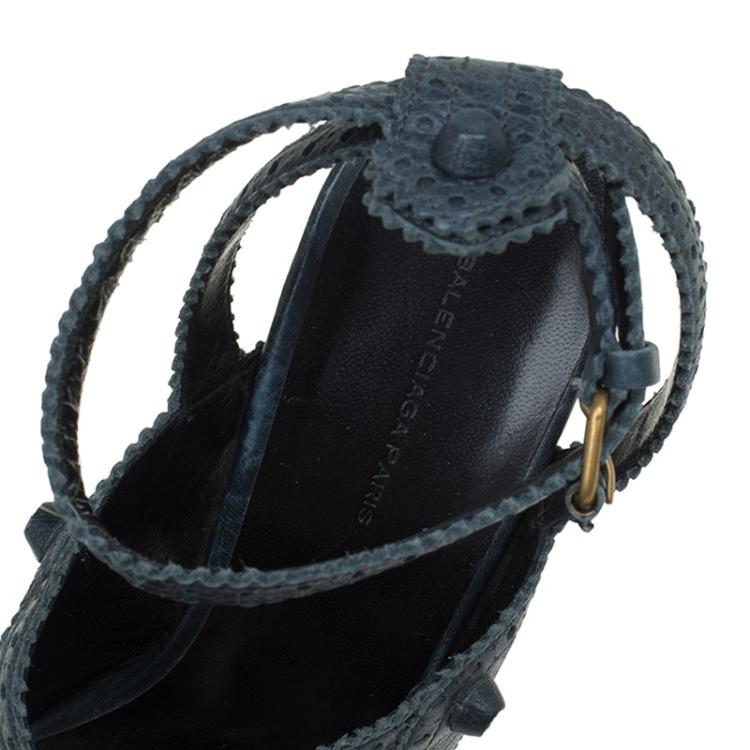 Pre Owned Balenciaga Teal Blue Leather Brogue Arena Ankle Strap Wedge Sandals Size 39