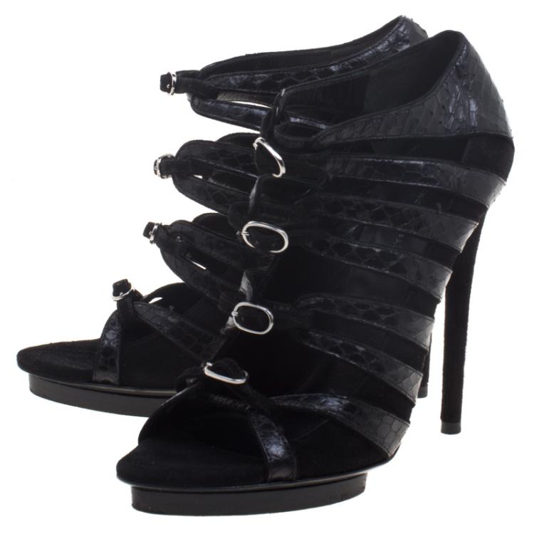 Pre Owned Balenciaga Black Suede and Python Multi Buckled Strappy Pumps Size 37.5