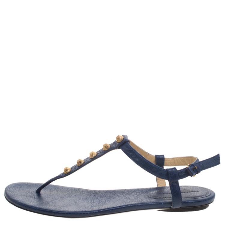 Pre Owned Balenciaga Blue Studded Leather Arena Thong Sandals Size 39.5