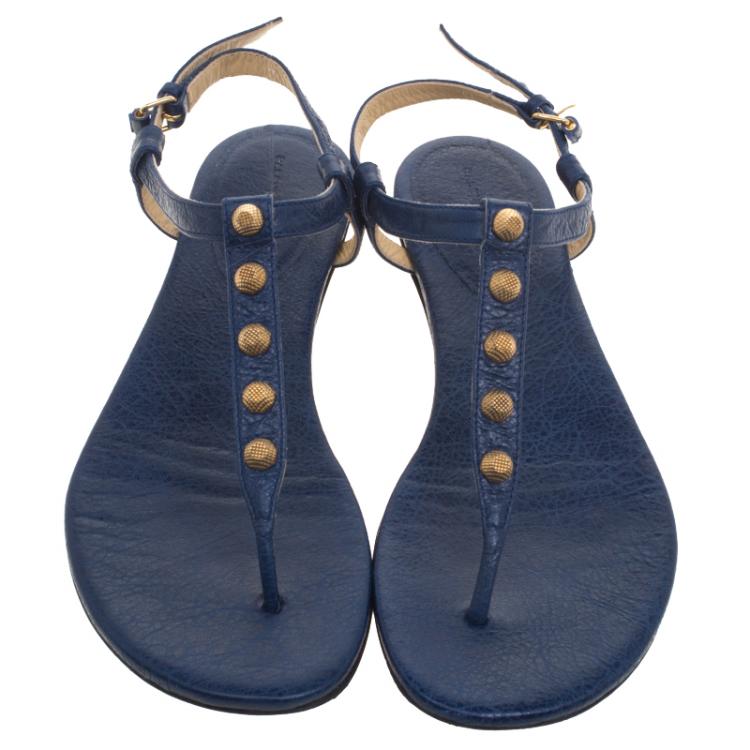 Pre Owned Balenciaga Blue Studded Leather Arena Thong Sandals Size 39.5