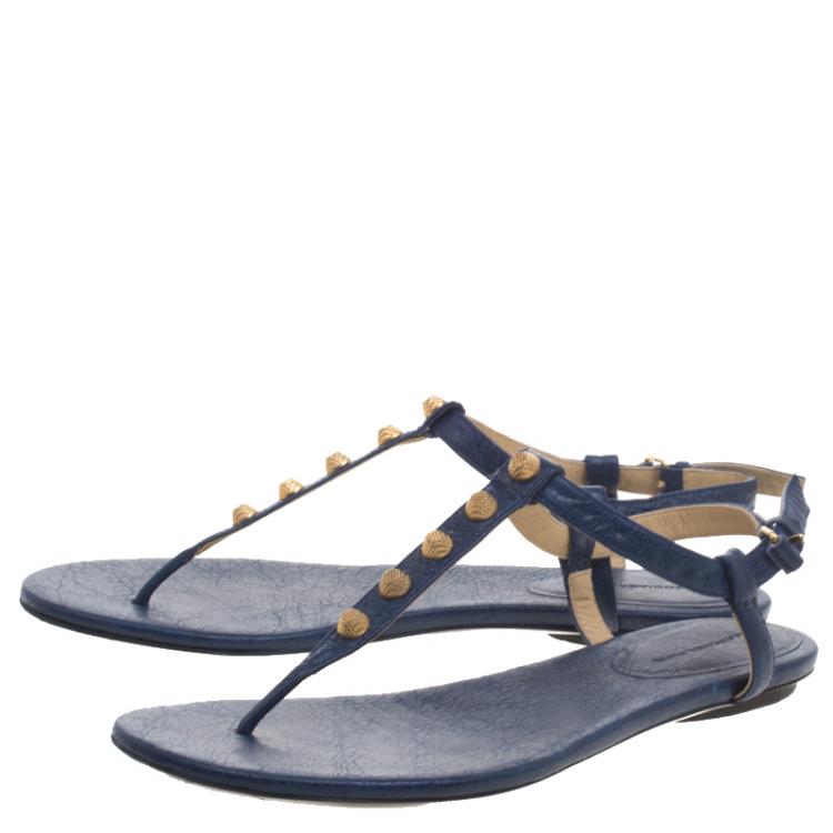Pre Owned Balenciaga Blue Studded Leather Arena Thong Sandals Size 39.5