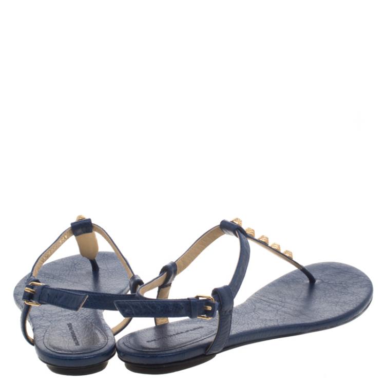 Pre Owned Balenciaga Blue Studded Leather Arena Thong Sandals Size 39.5