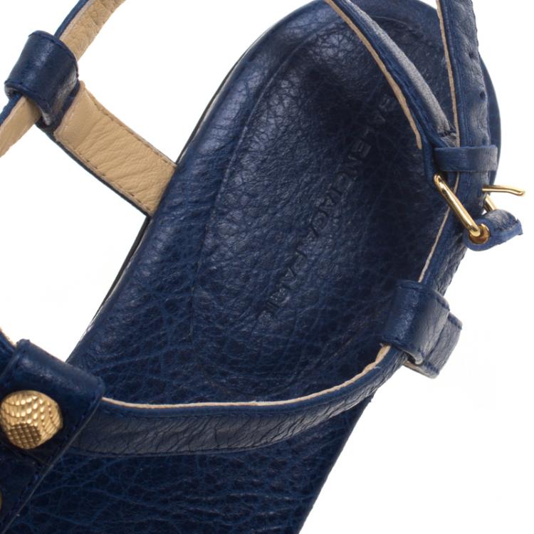 Pre Owned Balenciaga Blue Studded Leather Arena Thong Sandals Size 39.5