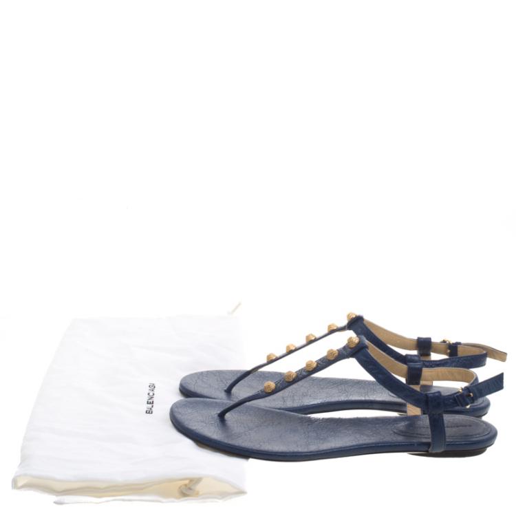 Pre Owned Balenciaga Blue Studded Leather Arena Thong Sandals Size 39.5