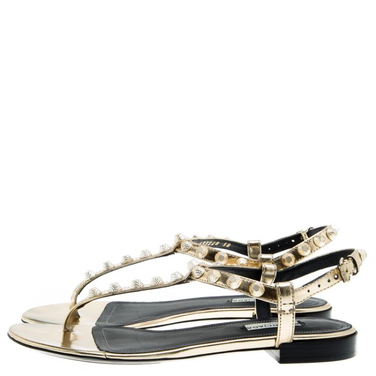 Pre Owned Balenciaga Gold Studded Metallic Leather Arena Thong Sandals Size 38