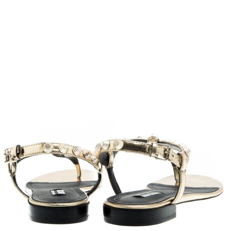 Pre Owned Balenciaga Gold Studded Metallic Leather Arena Thong Sandals Size 38