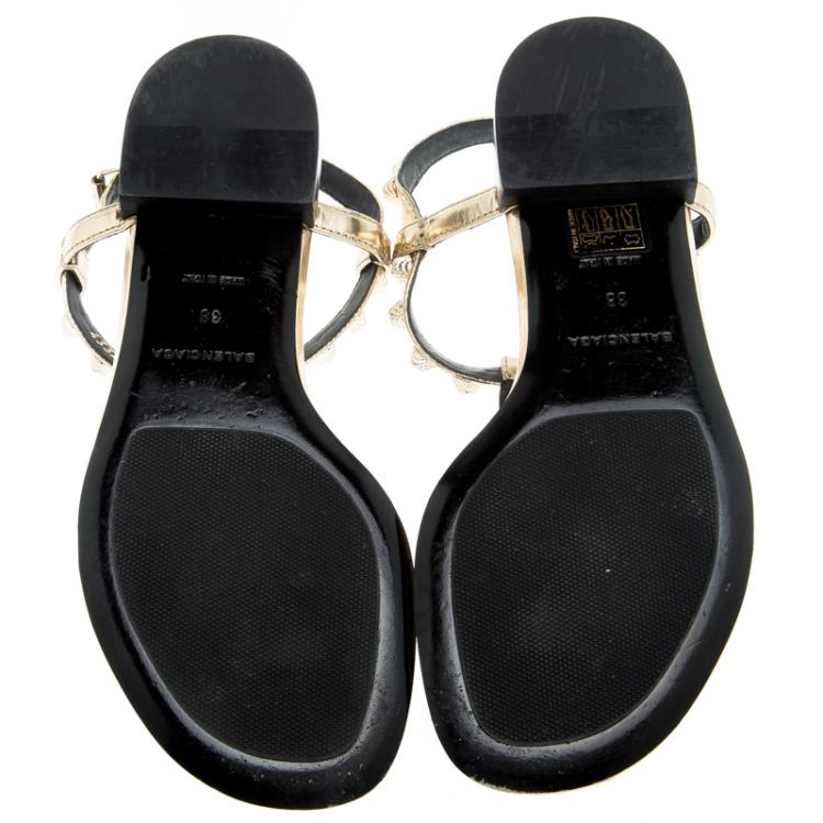 Pre Owned Balenciaga Gold Studded Metallic Leather Arena Thong Sandals Size 38