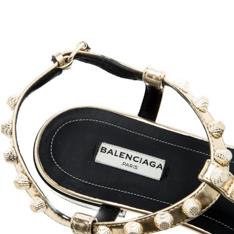 Pre Owned Balenciaga Gold Studded Metallic Leather Arena Thong Sandals Size 38