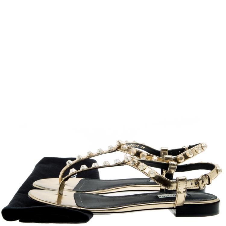 Pre Owned Balenciaga Gold Studded Metallic Leather Arena Thong Sandals Size 38