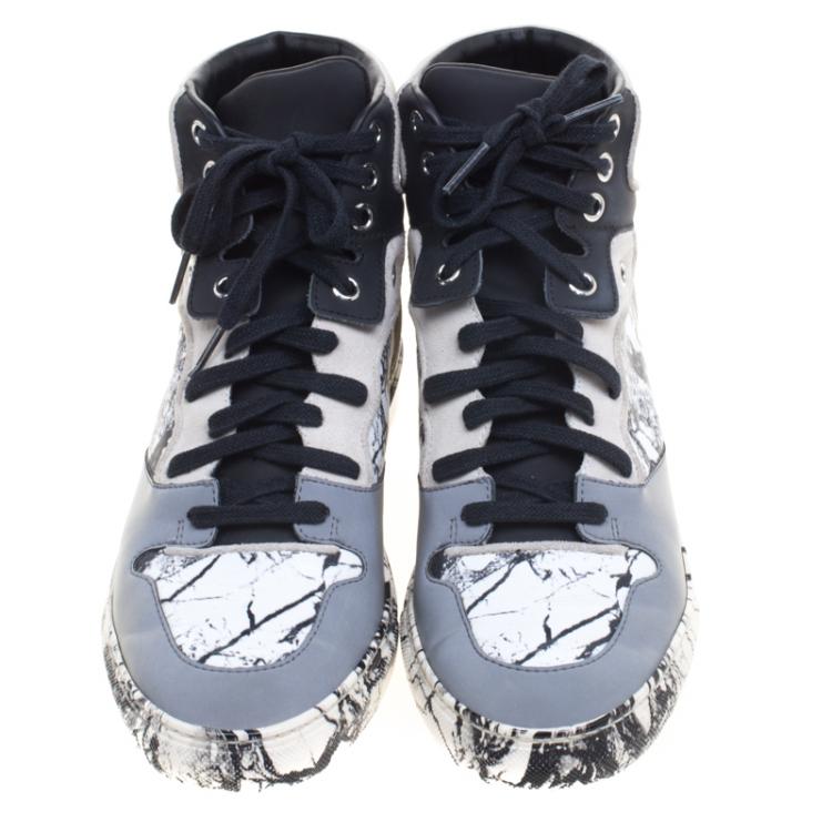 Pre Owned Balenciaga Monochrome Marble Printed Leather High Top Sneakers Size 37