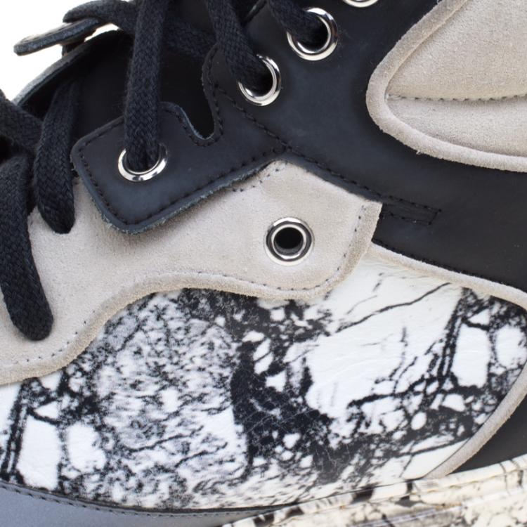 Pre Owned Balenciaga Monochrome Marble Printed Leather High Top Sneakers Size 37