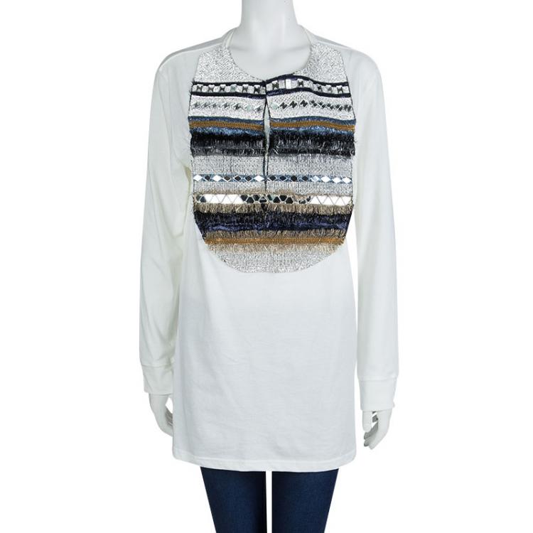 Pre Owned Balmain White Embellished Yoke Detail Long Sleeve T-Shirt M