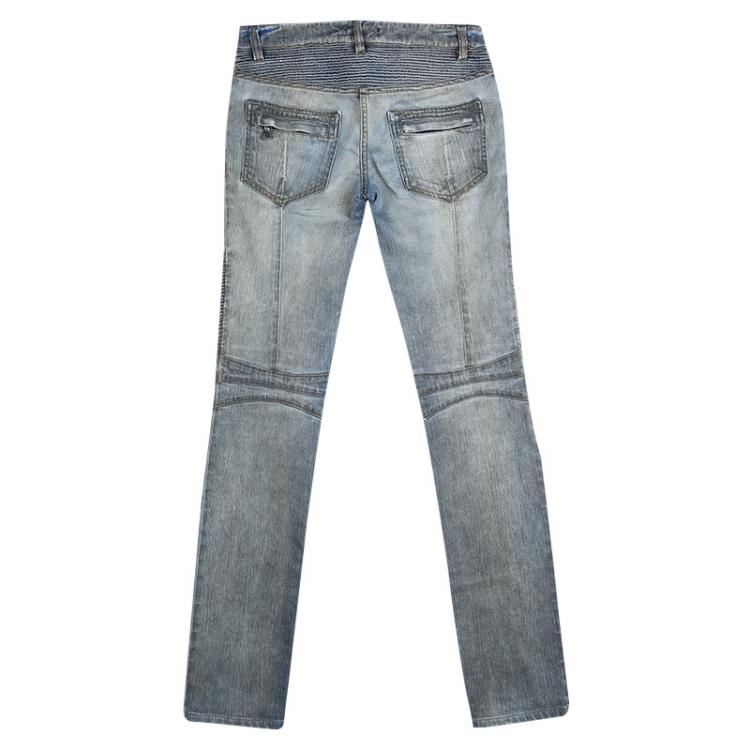Pre Owned Balmain Grey Washed Denim Pintucked Panel Zip Detail Skinny Jeans S