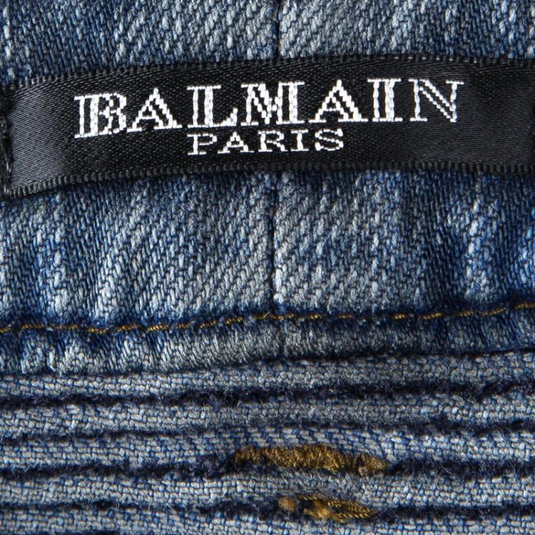 Pre Owned Balmain Grey Washed Denim Pintucked Panel Zip Detail Skinny Jeans S