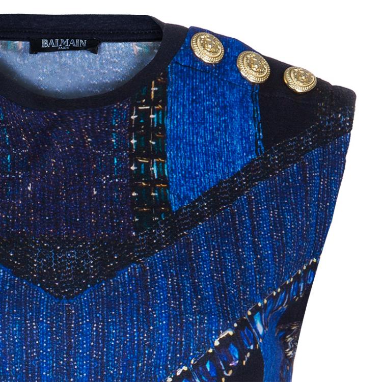 Pre Owned Balmain Blue Printed Sleeveless Tshirt S