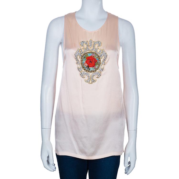 Pre Owned Balmain Pink Motif Embellished Sleeveless Silk Top S