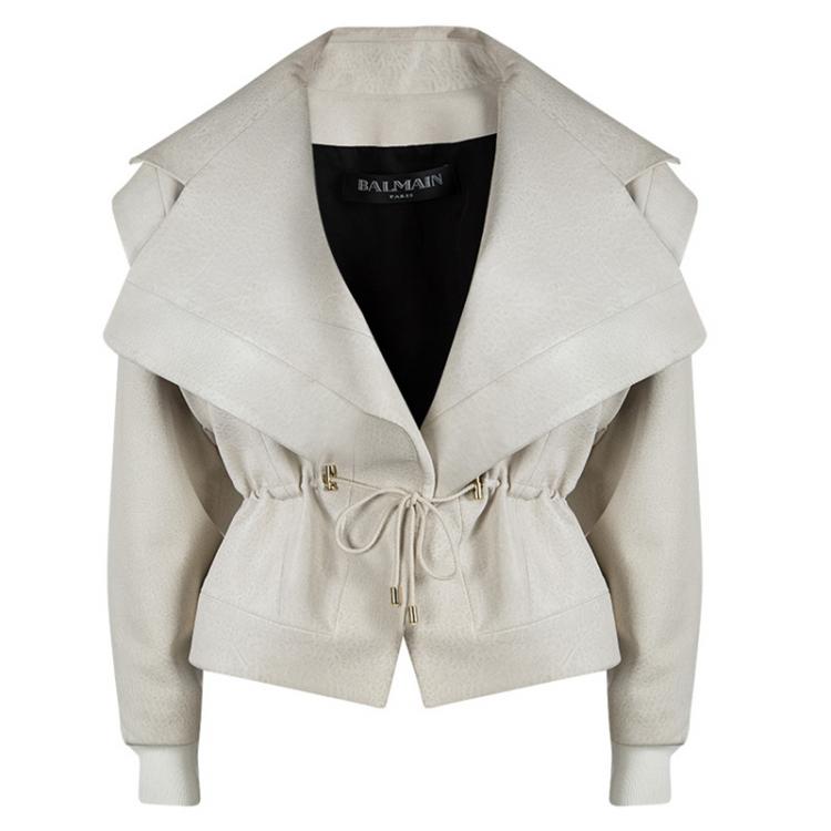 Balmain Off White Corded Waist Tie Detail Leather Jacket S Balmain | TLC