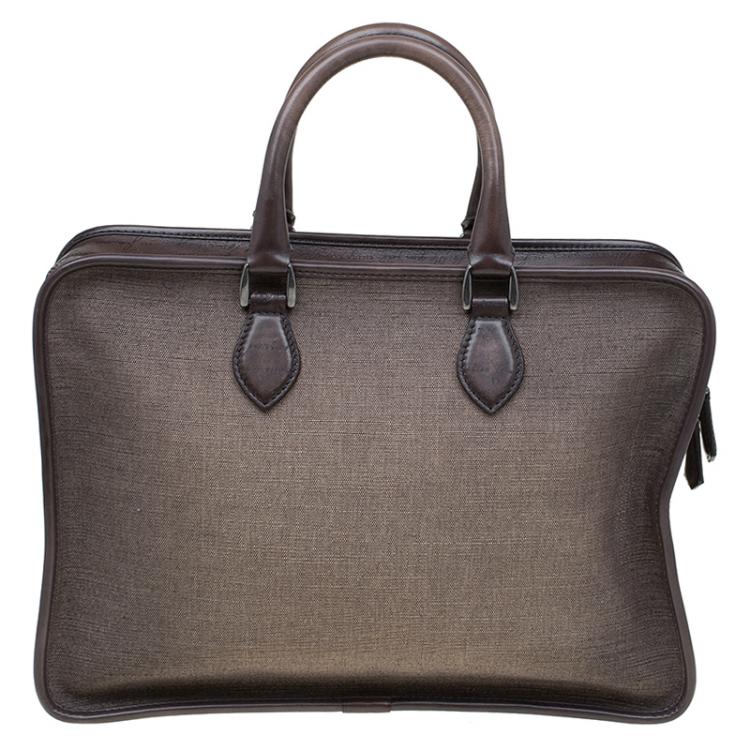 Pre Owned Berluti Taupe Canvas and Leather Script Un Jour Briefcase