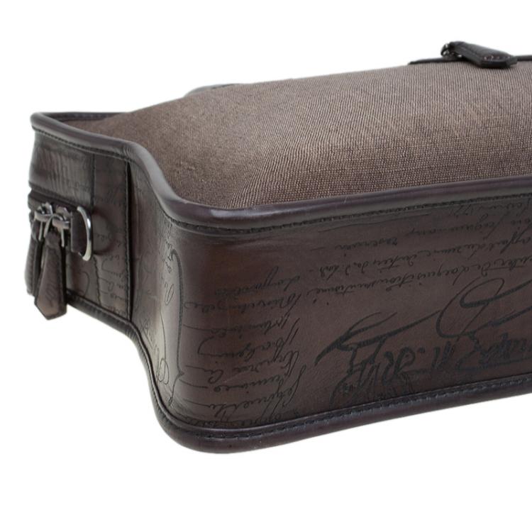 Pre Owned Berluti Taupe Canvas and Leather Script Un Jour Briefcase