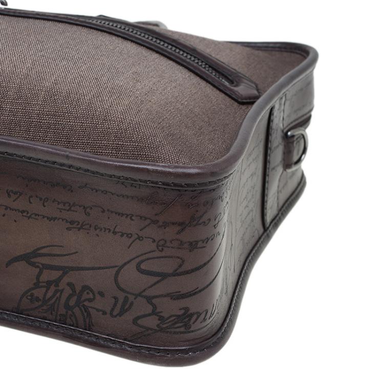 Pre Owned Berluti Taupe Canvas and Leather Script Un Jour Briefcase