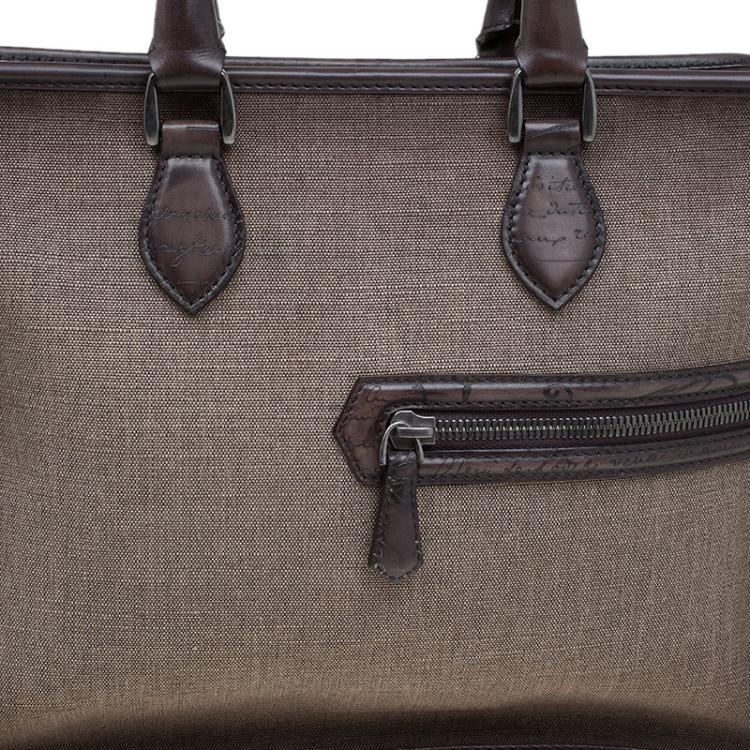 Pre Owned Berluti Taupe Canvas and Leather Script Un Jour Briefcase