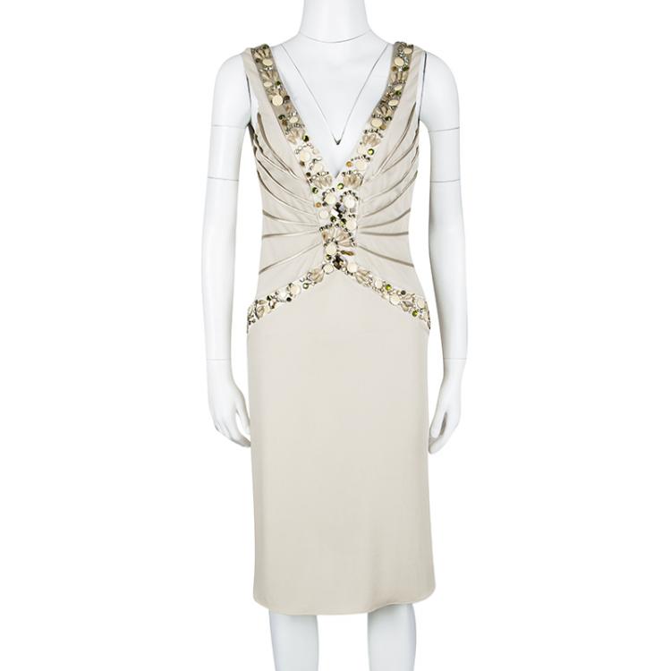 Pre Owned Blumarine Beige Silk Knit Swarovski Embellished Sleeveless Dress M