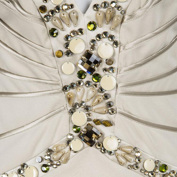 Pre Owned Blumarine Beige Silk Knit Swarovski Embellished Sleeveless Dress M