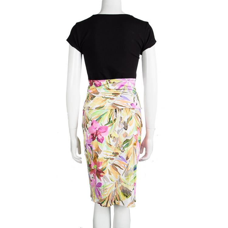Pre Owned Blumarine Multicolor Floral Printed Silk Knit Draped Skirt M