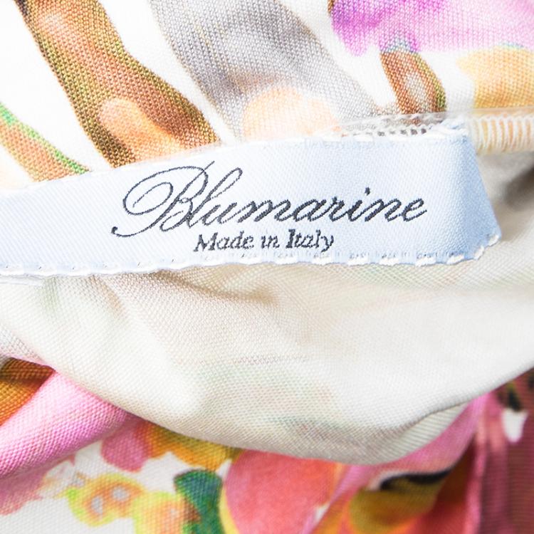 Pre Owned Blumarine Multicolor Floral Printed Silk Knit Draped Skirt M