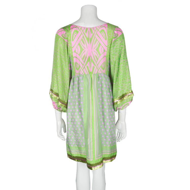 Pre Owned Blumarine Green and Pink Printed Silk Sequin Embellished Long Sleeve Tunic M